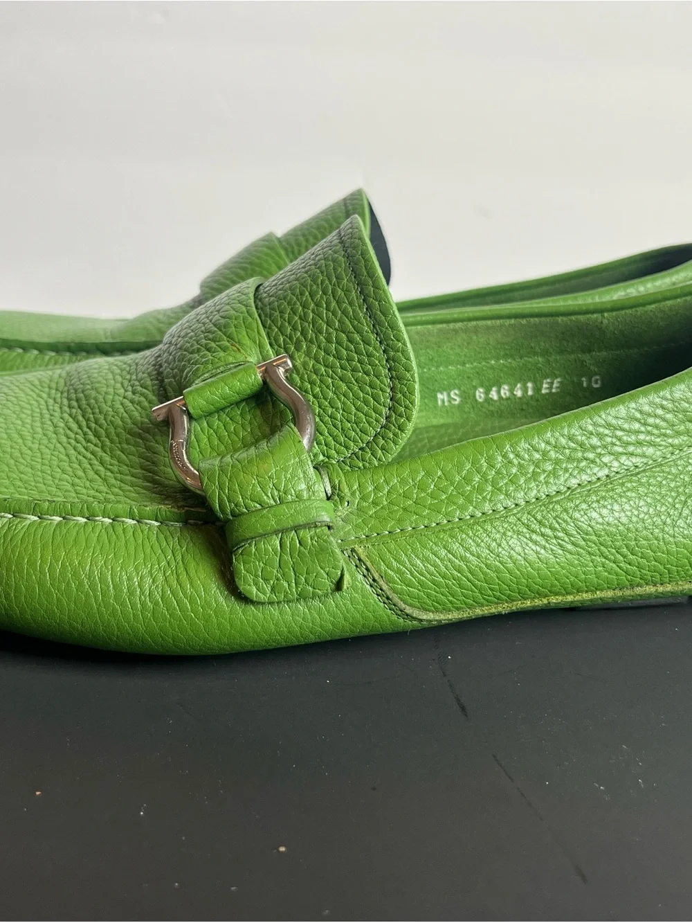 Salvatore Ferragamo Men’s Green Leather Buckle Driver Loafers Slip-On US 10 EE